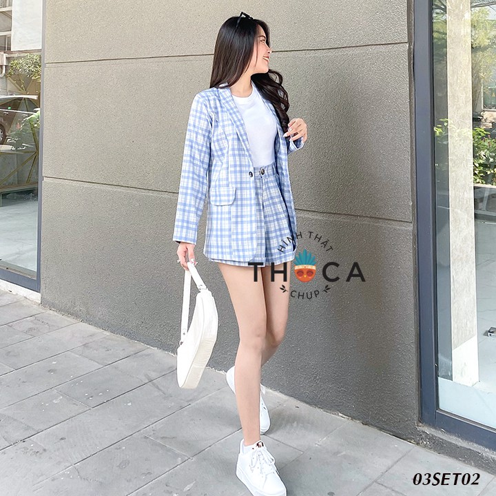 Set blazer khoác vest tay dài phối với quần ngắn săn lai caro xanh THOCA HOUSE size S, M thanh lịch công sở