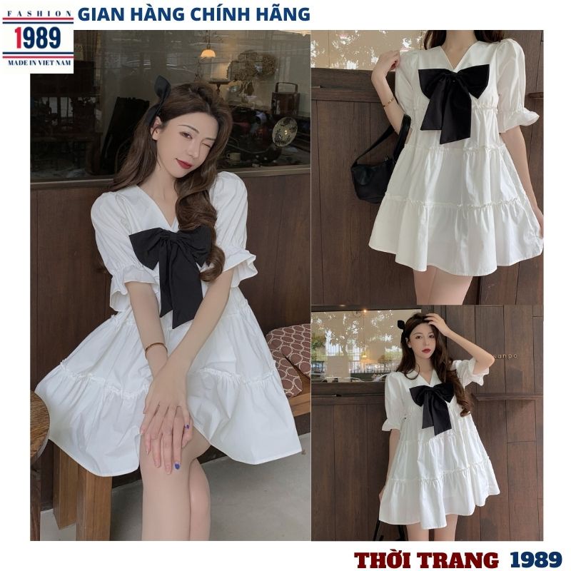 Đầm babydoll nữ ❤️váy xoè cổ v đính nơ❤️ chất thô mềm xếp tầng, tiểu thư -phương_1989