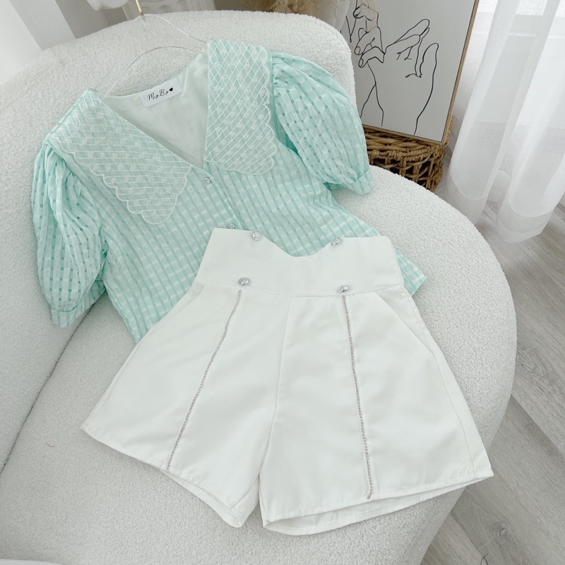 SET ÁO Ô NHÍ XANH CỔ REN + QUẦN SHORT TRẮNG