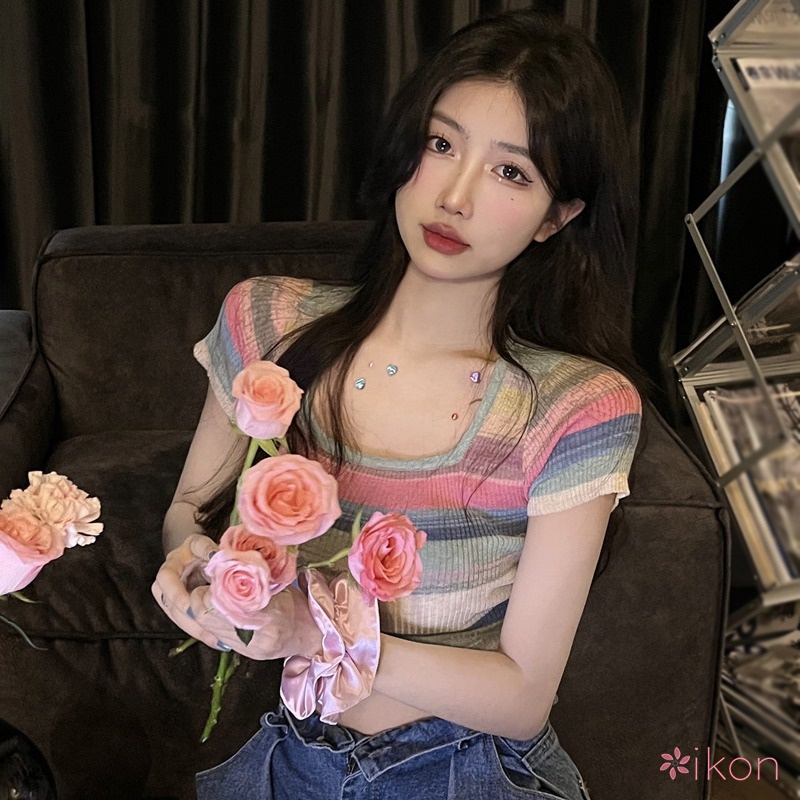 Áo Thun Tay Ngắn Cổ Vuông Họa Tiết Sọc Thoáng Khí Thời Trang Hàn Quốc Cho Nữ