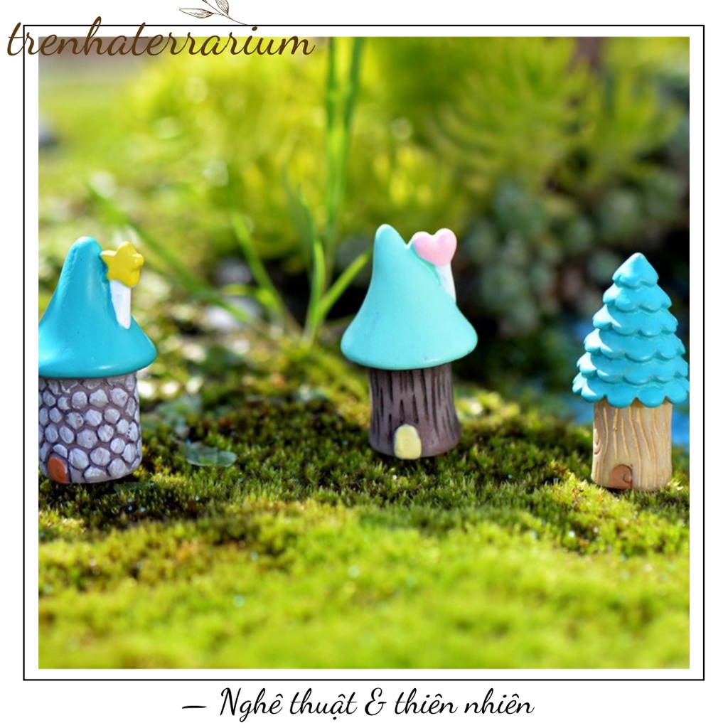 Tiểu cảnh nhà nấm xanh trang trí sen đá, xương rồng, terrarium, charm slime, cây cảnh mini, cây để bàn