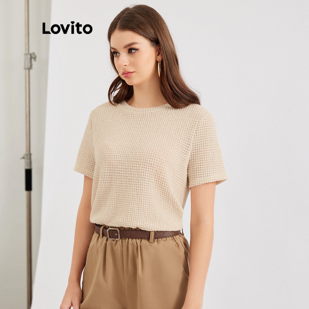 Áo thun Lovito phong cách thường ngày màu trơn cơ bản dệt kim ô vuông L30ED017