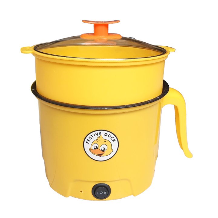 Nồi Lẩu Mini Vịt Vàng, Ca Nấu Mì Đa Năng Dung Tích 1,8L - 2 Nấc Nhiệt Kèm Giá Hấp Size 18cm Tiện Dụng
