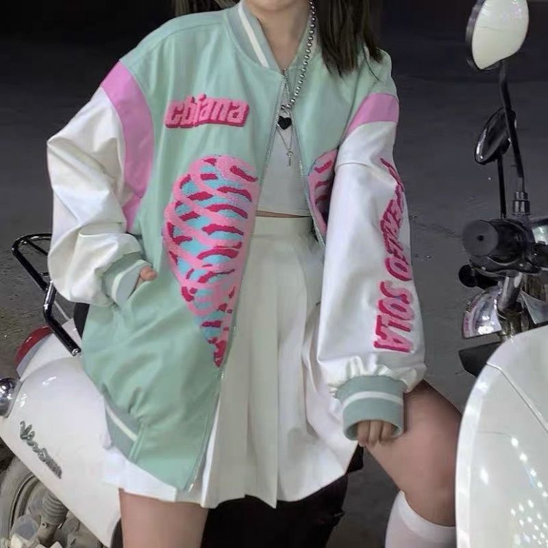 Áo khoác bóng chày in hình xương phong cách vintage cho nam nữ