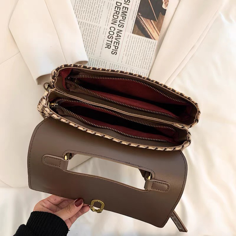 Túi đeo chéo 2 ngăn khóa kéo chất da phối vải tuýt thời trang size 24.5cm