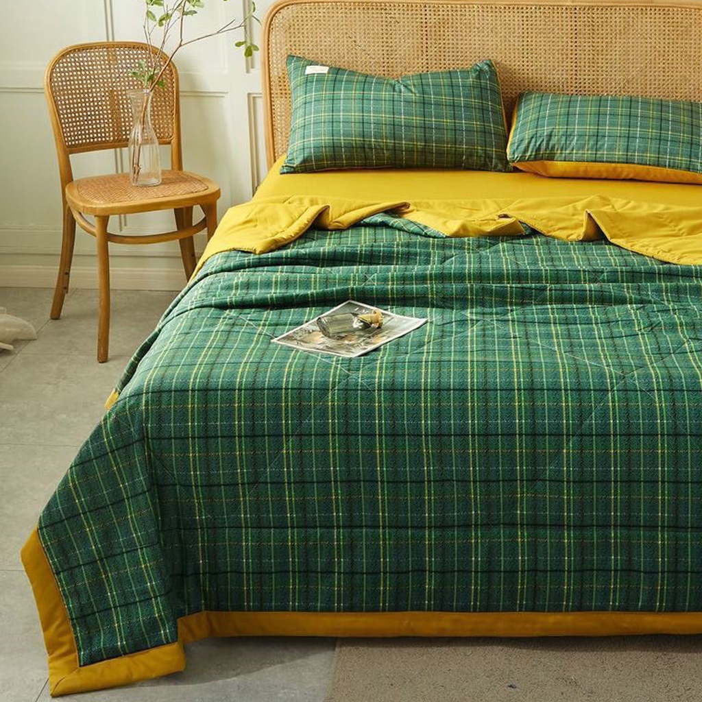 Bộ chăn ga gối cotton tici chăn trần EMMI Bedding mẫu kẻ xanh rêu  grap nệm thun lạnh Hàn Quốc Drap giường đệm đủ size