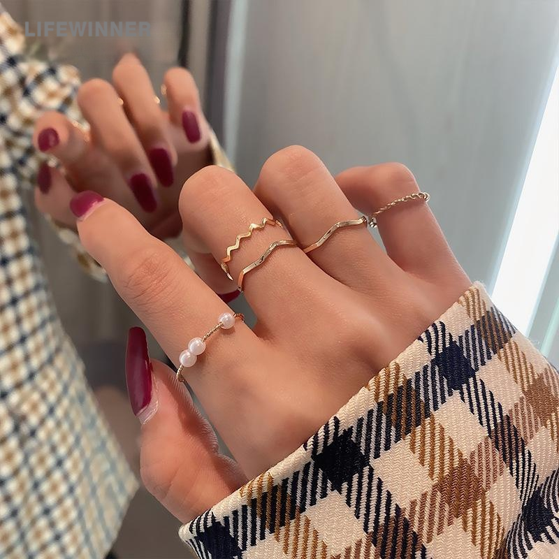 Set 5 Nhẫn Đeo Tay Kim Loại Đính Ngọc Trai Giả Vintage Cho Nữ