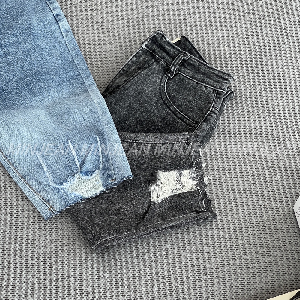 Quần Lửng Nữ Skinny Nữ Lưng Cao Ombre MinJean MS50, Quần Jean Ngố Rách Loang Co Giãn Hack Dáng