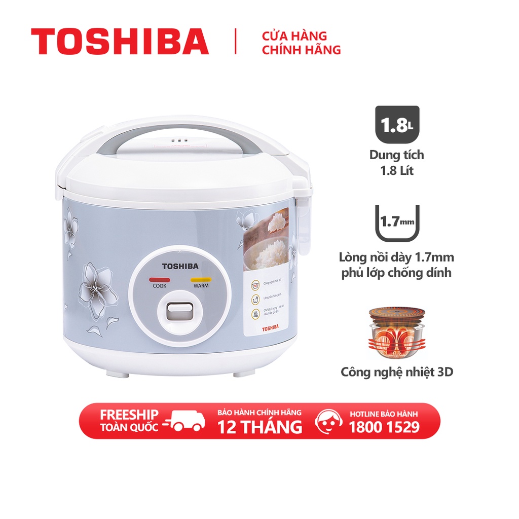 Nồi cơm điện nắp gài TOSHIBA RC-18JFM(H)VN - 1.8L - Lòng nồi dày 1.7mm, chống dính - Hàng chính hãng, bảo hành 12 tháng