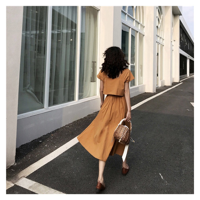 Set áo ngắn tay + chân váy chữ A dài lưng cao thời trang nữ