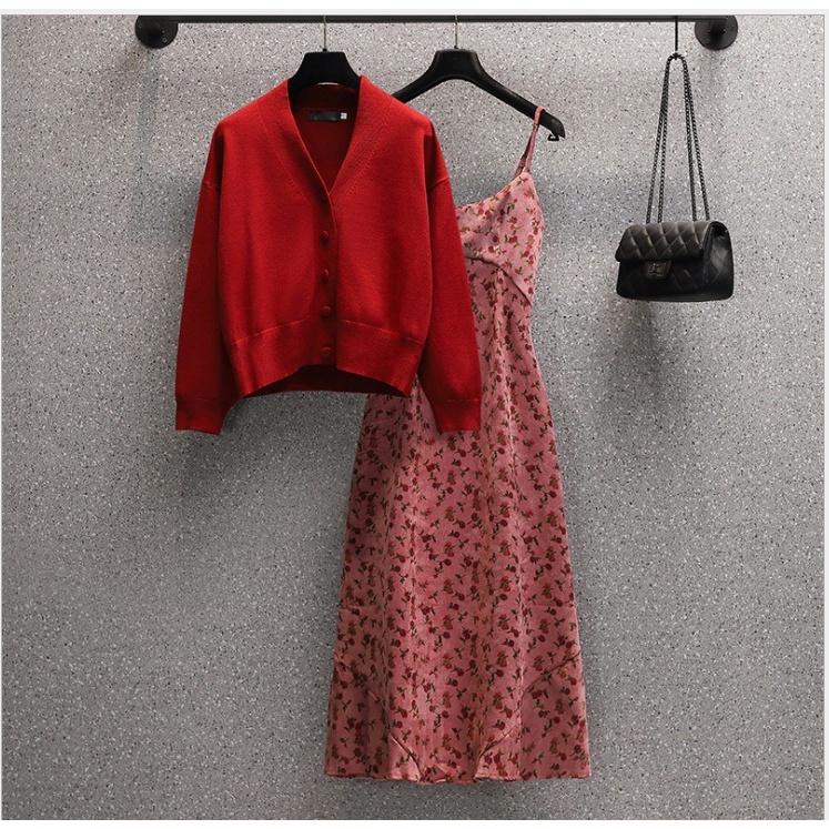 Váy xinh📌FREESHIP📌Set trang phục váy hoa nhí hồng đất kết hợp áo khoác cardigan len phong cách trẻ trung thu đông