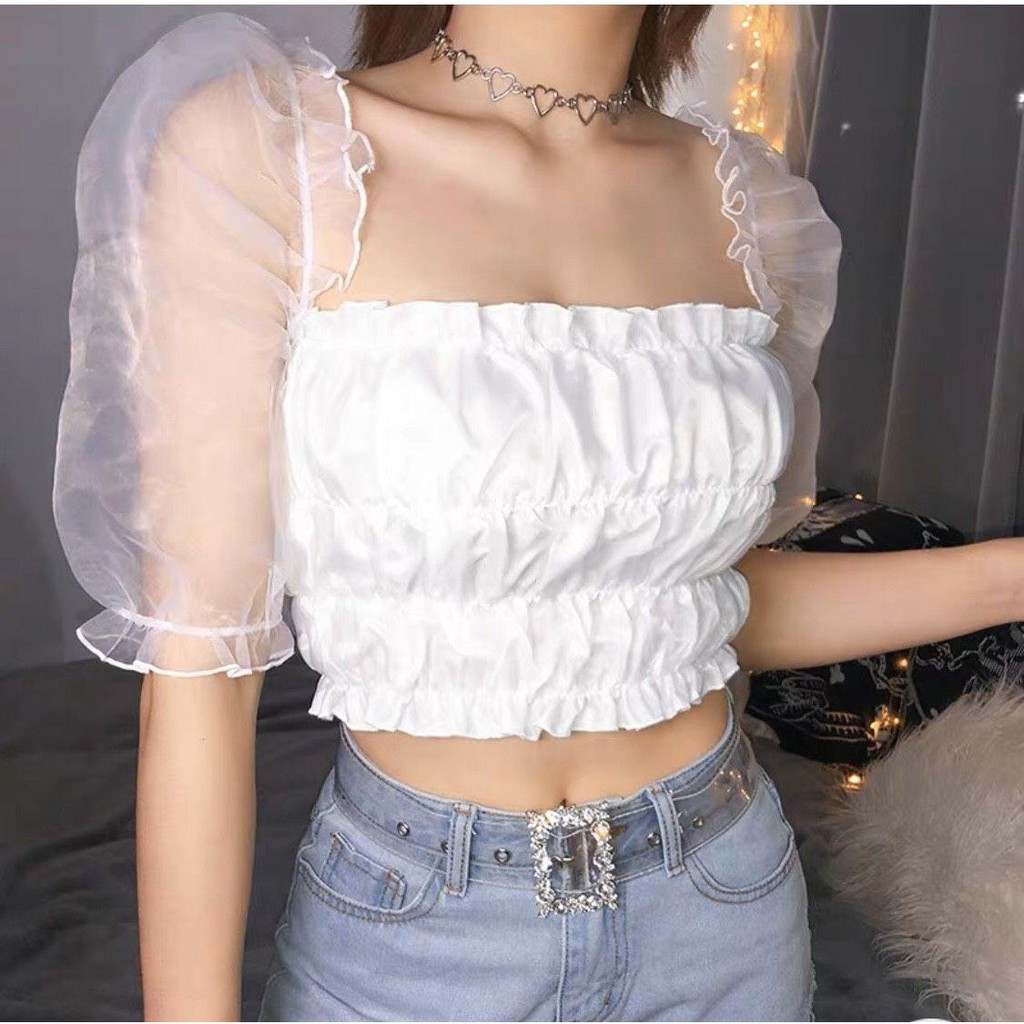 11243B1 Áo kiểu nữ tay lưới ngắn phom croptop tôn dáng, vải voan nhún đẹp mê