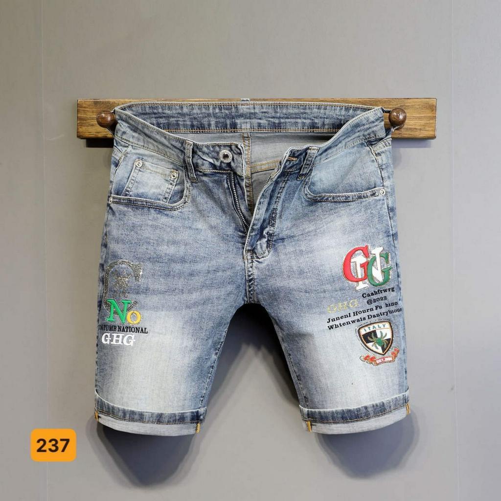 Quần short jean nam màu xanh in hoạ tiết chất vải denim co dãn thoải mái chuẩn form T-fashion 24h Ms237