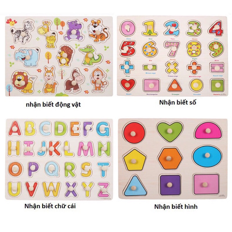 BỘ ĐỒ CHƠI CÓ NÚM GỖ ( MÃ 9 ĐẾN 16) GIÚP BÉ nhận biết các chữ số, màu sắc, con vật, rau củ quả, ...