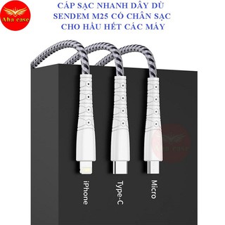 Cáp sạc chính hãng Sendem M25, chân Lightning iphone, Micro Usb,dây dù chống đứt, hỗ trợ xạc nhanh 3A xịn