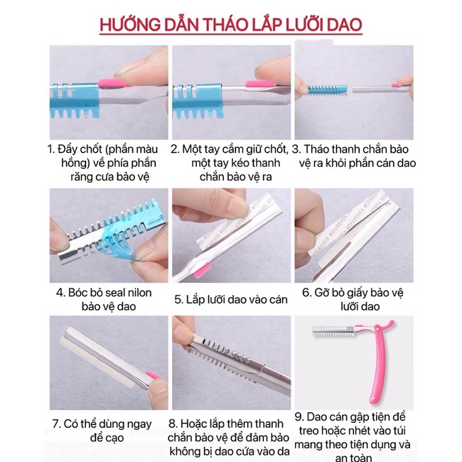 Cán Dao+ 10 lưỡi Dao Cạo  Chân Mày, Dụng Cụ Tỉa Cạo Lông Mày Râu Tóc mai gáy lông bi Gấp gọn Tiện Lợi