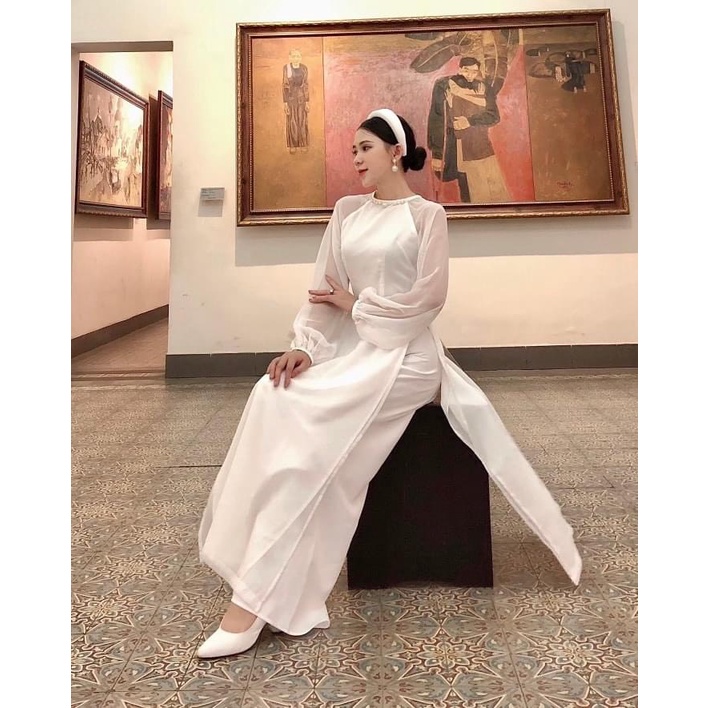 Áo dài may sẵn voon tơ trắng 4 tà thời trang, áo dài thiết kế