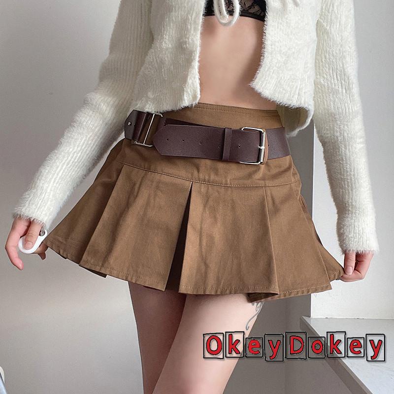 Chân Váy Chữ A Lưng Cao Xếp Ly Phối Thắt Lưng Thời Trang Cho Nữ y2k