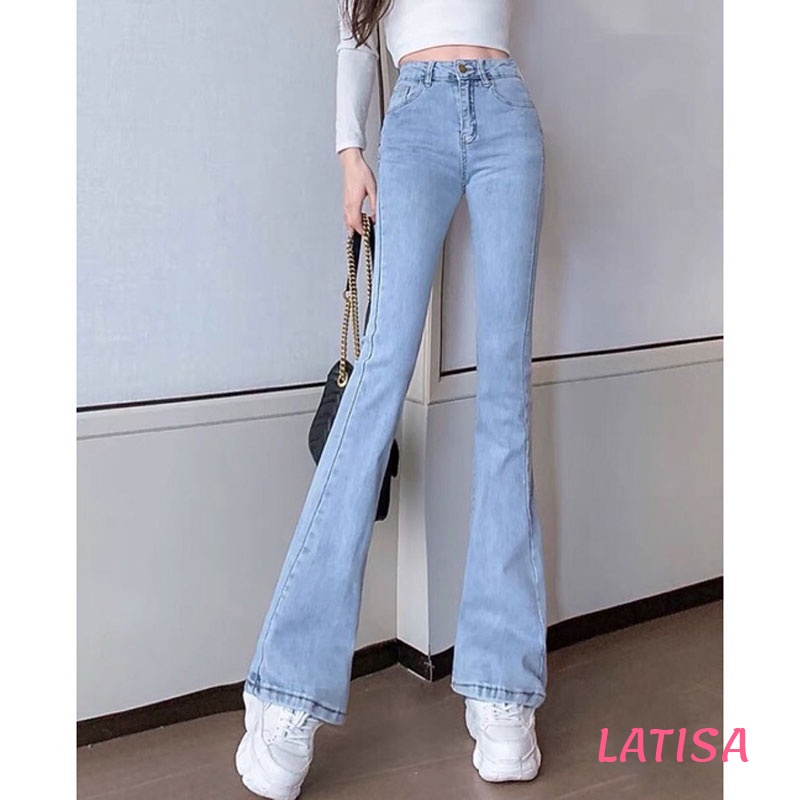 Quần ống loe jean nữ lưng cao đen xanh kiểu LATISA QD04