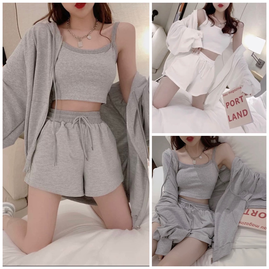 Set 3 Món: quần Short, Áo Khoác Nỉ Trơn ,kèm áo 2 dây kiểu dáng basic hàn quốc đẹp Ulzzang.