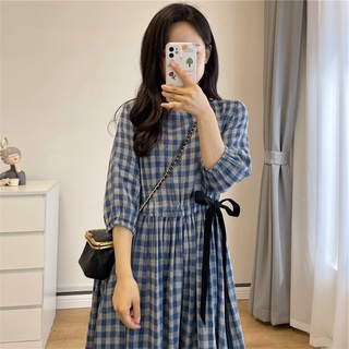   HÀNG SẴN  Váy xòe kẻ sọc xanh thắt nơ eo điệu đà xòe babydoll vintage đáng yêu Hàn Quốc 