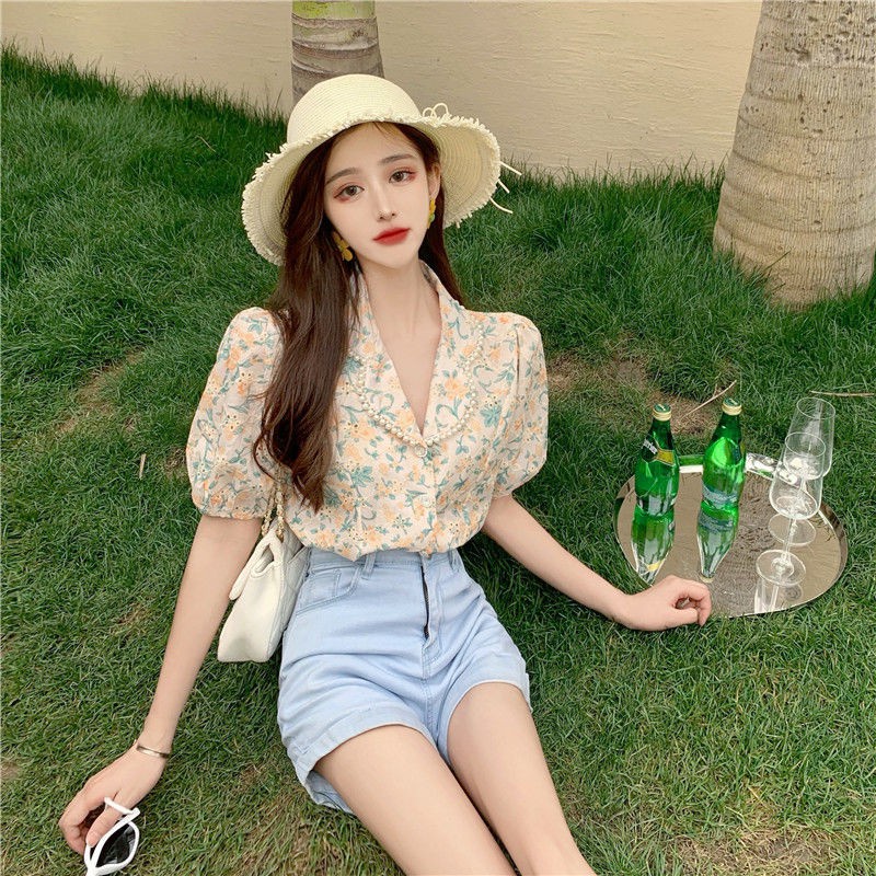 Áo sơ mi tay ngắn họa tiết hoa thời trang mùa hè cho nữ
