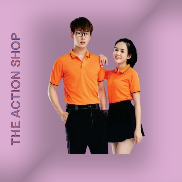 Áo thun có cổ bẻ nam nữ cọc tay trơn vải cá sấu mè mát mẻ màu cam Bin Action