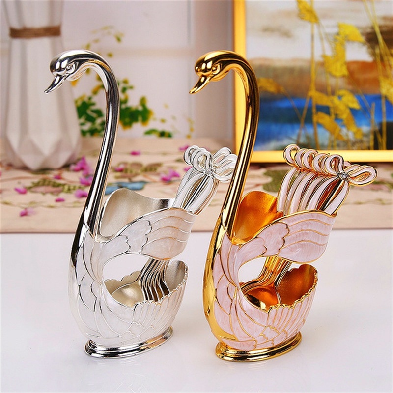 Bộ 6 Muỗng Cà Phê Bằng Hợp Kim Kẽm Hình Thiên Nga Kèm Giá Đỡ