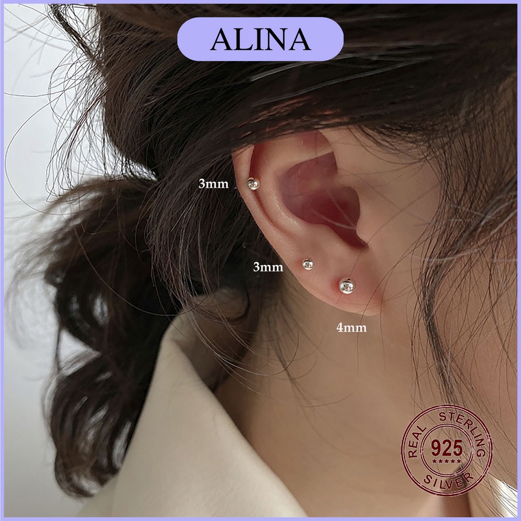 Bông Tai Bạc 925 Bi Tròn Không Đá Đơn Giản Khuyên Nụ Đeo Vành Tai Alina 0408