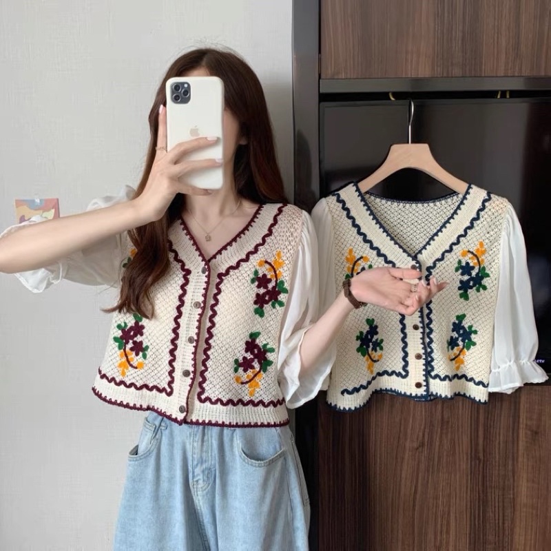 Áo len dệt phối voan tay kiểu dáng trẻ trung phong cách Hàn Quốc