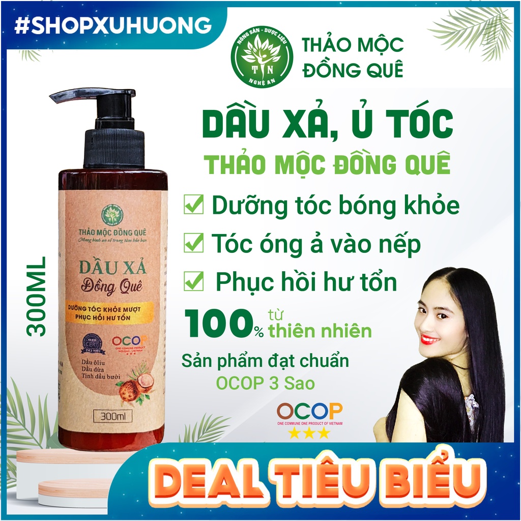 Dầu xả tóc, ủ tóc bưởi, dừa Thảo mộc Đồng Quê: giúp tóc mềm mượt, ngăn ngừa gãy rụng - 300ML