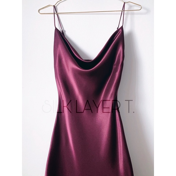 Đầm midi lụa 2 dây nữ cổ đổ dáng suông dài màu Vang nho by Silk Layer T.