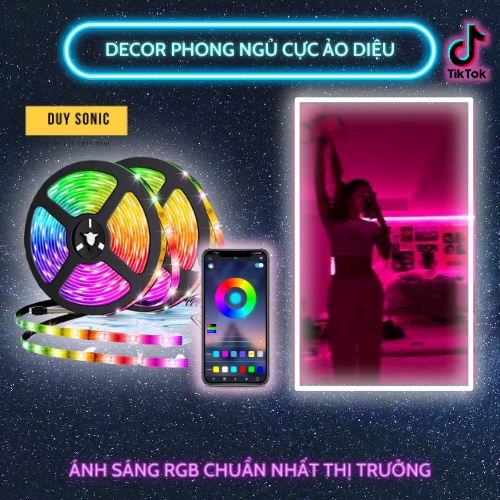 Cuộn dây đèn led Tiktok, LED RGB 5050 điều khiển thông minh 16 triệu màu, led dán tường thông minh