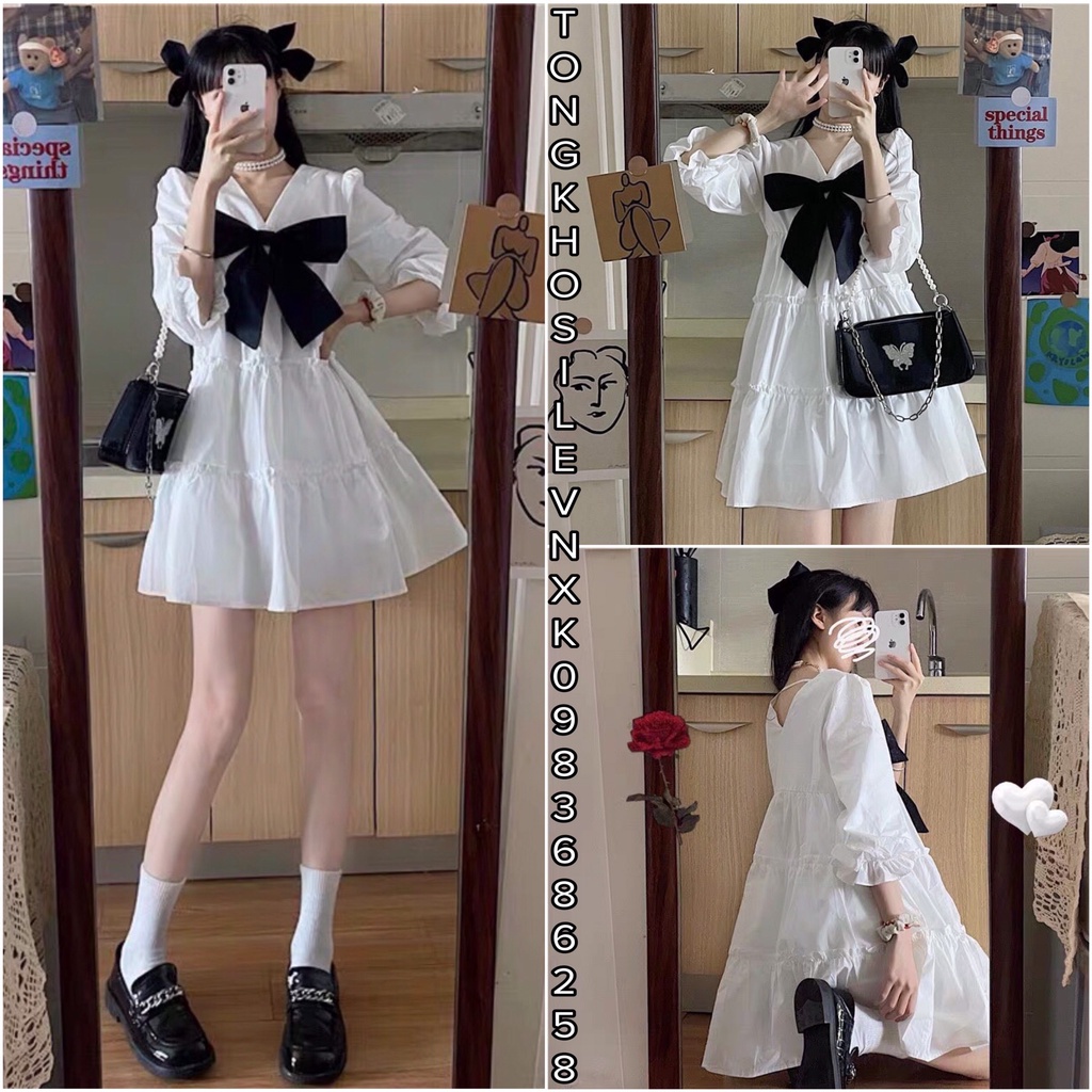 Váy Babydoll Nữ Dáng Xoè Cổ V Đính Nơ Đen  Đầm Nữ Trắng Tay Bồng Cổ Nơ Bèo Tầng Ulzzang