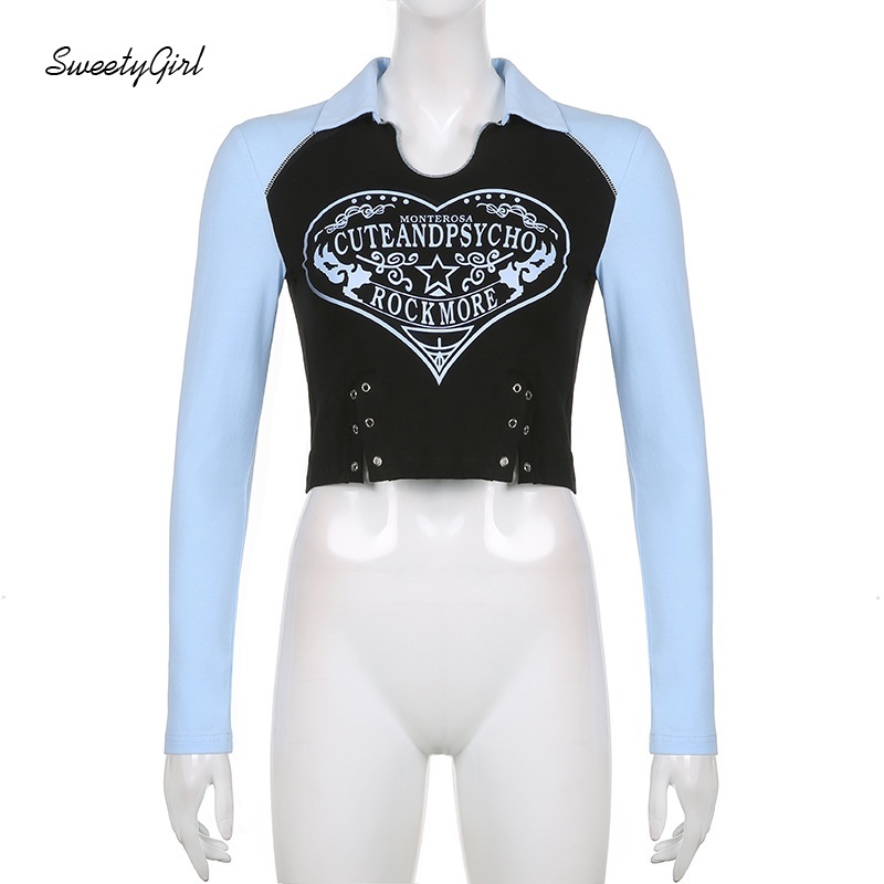 Áo croptop tay dài cổ bẻ dáng ôm in họa tiết màu sắc tương phản thời trang cho nữ