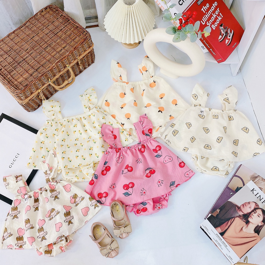 AV21 Bộ Áo Váy Xoè 2 Dây Xinh Cho Bé Gái Chất Liệu Vải Đũi Nhăn Mềm Mại Đủ Size Từ 8-18Kg VNXK Nhật-Hàn
