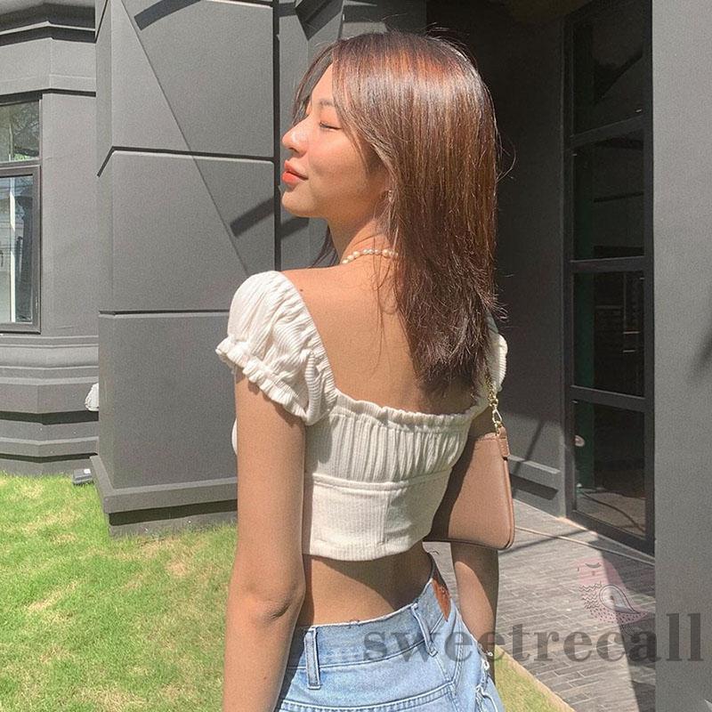 Áo kiểu croptop tay ngắn mặc trễ vai được màu trơn theo xu hướng thời trang dành cho nữ