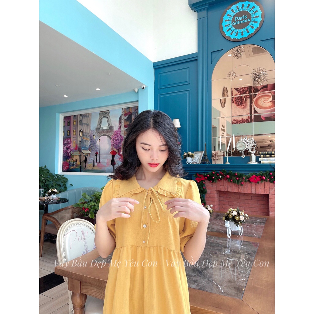 Đầm bầu công sở Váy bầu đẹp màu vàng 3 tầng cổ buộc nơ MYC 13M