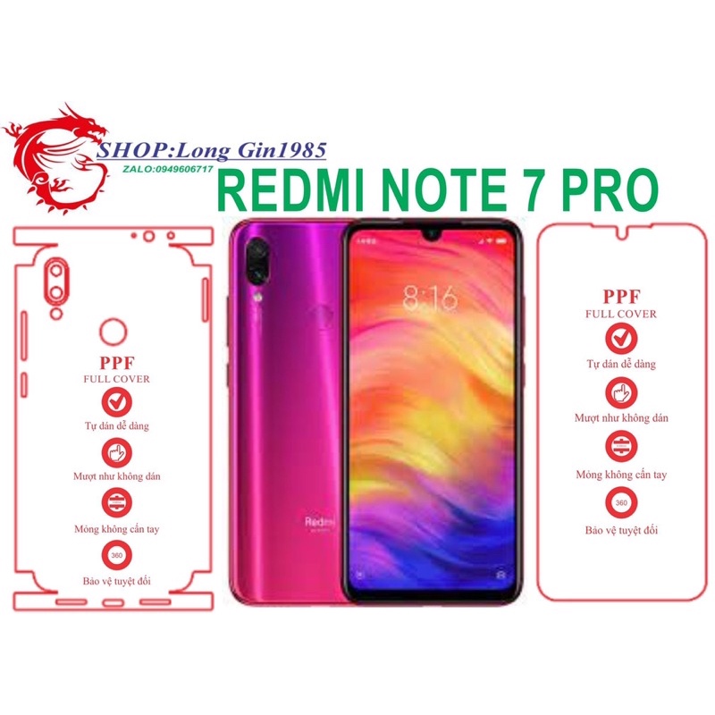 Redmi Note 7 Pro miếng dán trong Ppf mặt sau và mặt trước chống va đập chống trầy xước