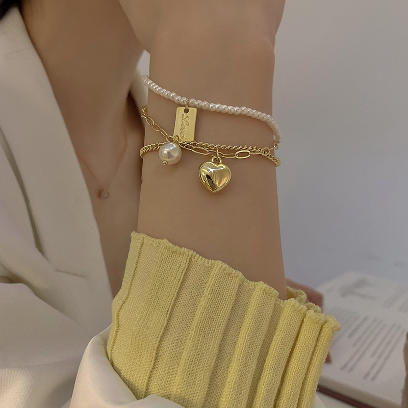 OIMG  Vòng Tay Nhiều Lớp Đính Hạt Ngọc Trai Và Trái Tim Xinh Xắn Cho Nữ