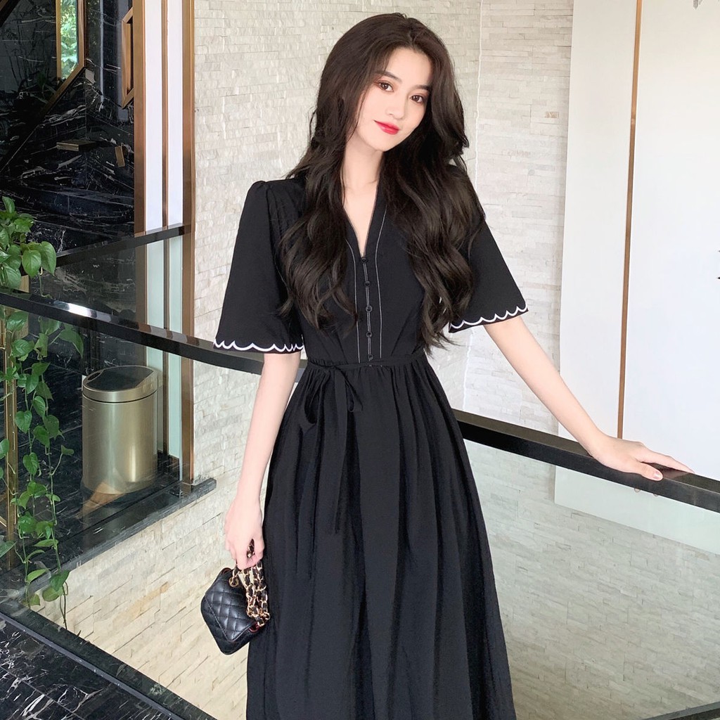 ♤❁Mùa hè 2020 phong cách mới Khí chất Hàn Quốc váy đen thêu tây nữ thời trang ôm dài xu hướng