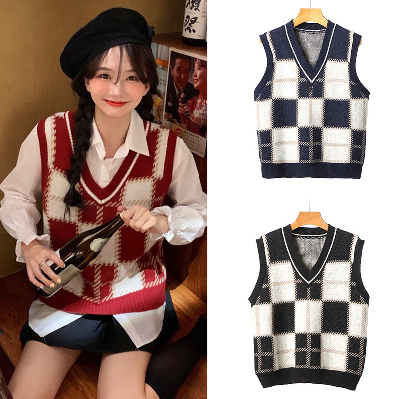 Áo len không tay cổ chữ V họa tiết sọc caro thời trang dành cho nữ