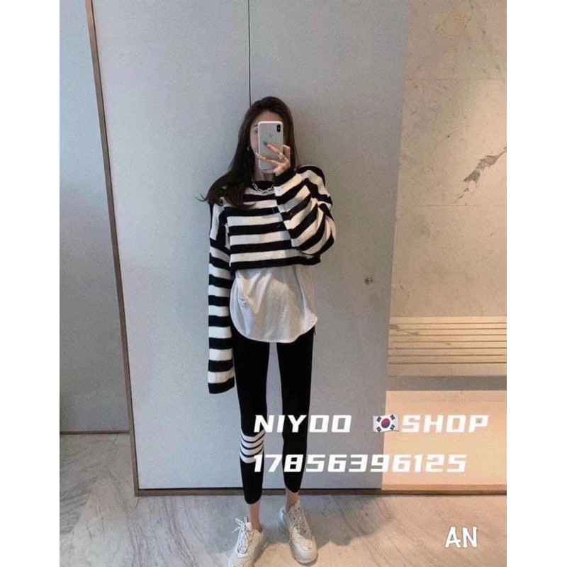 Set 3 món gồm ( áo kẻ croptop + áo lụa đuôi xẻ + quần legging