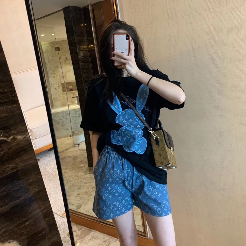 Set áo thun ngắn tay + quần short lưng thun ống rộng thời trang mùa hè Hàn Quốc có lẻ áo