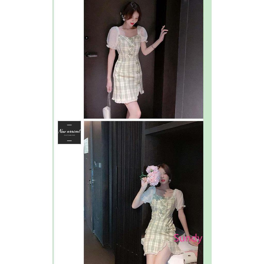Váy Tay Ngắn Phối Lưới Phong Cách Retro Cho Nữ