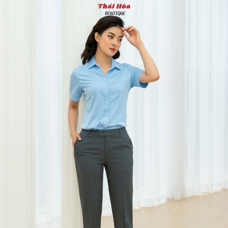 Áo sơ mi nữ tay ngắn bigsize công sở đẹp kiểu xanh cotton Thái Hoà N047-06-01