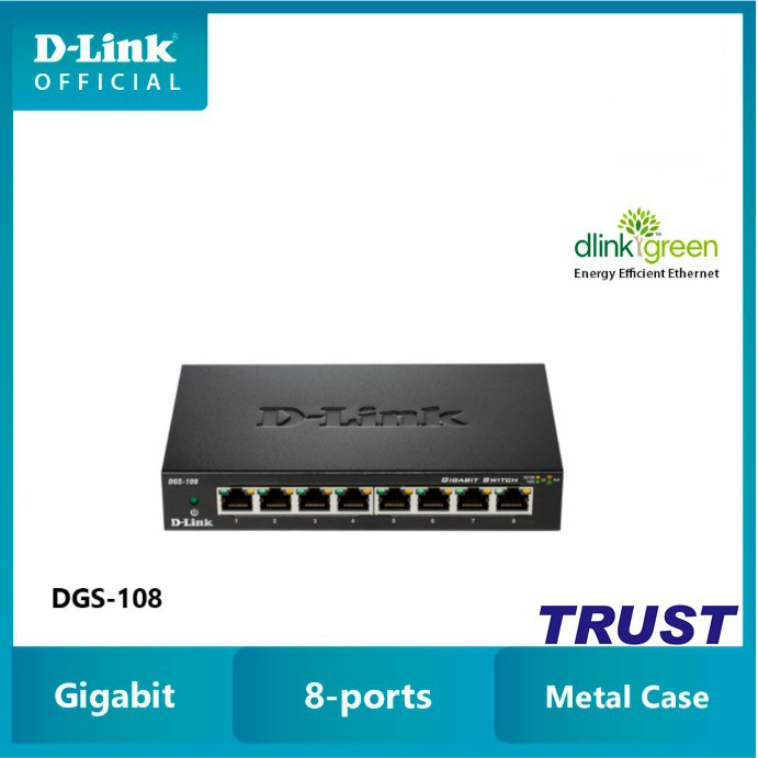 D-Link Gigabit Vỏ thép Bộ chia mạng Switch 8 cổng RJ45 Tăng tốc máy chủ - Thiết bị chuyển mạch D-LINK DGS-108