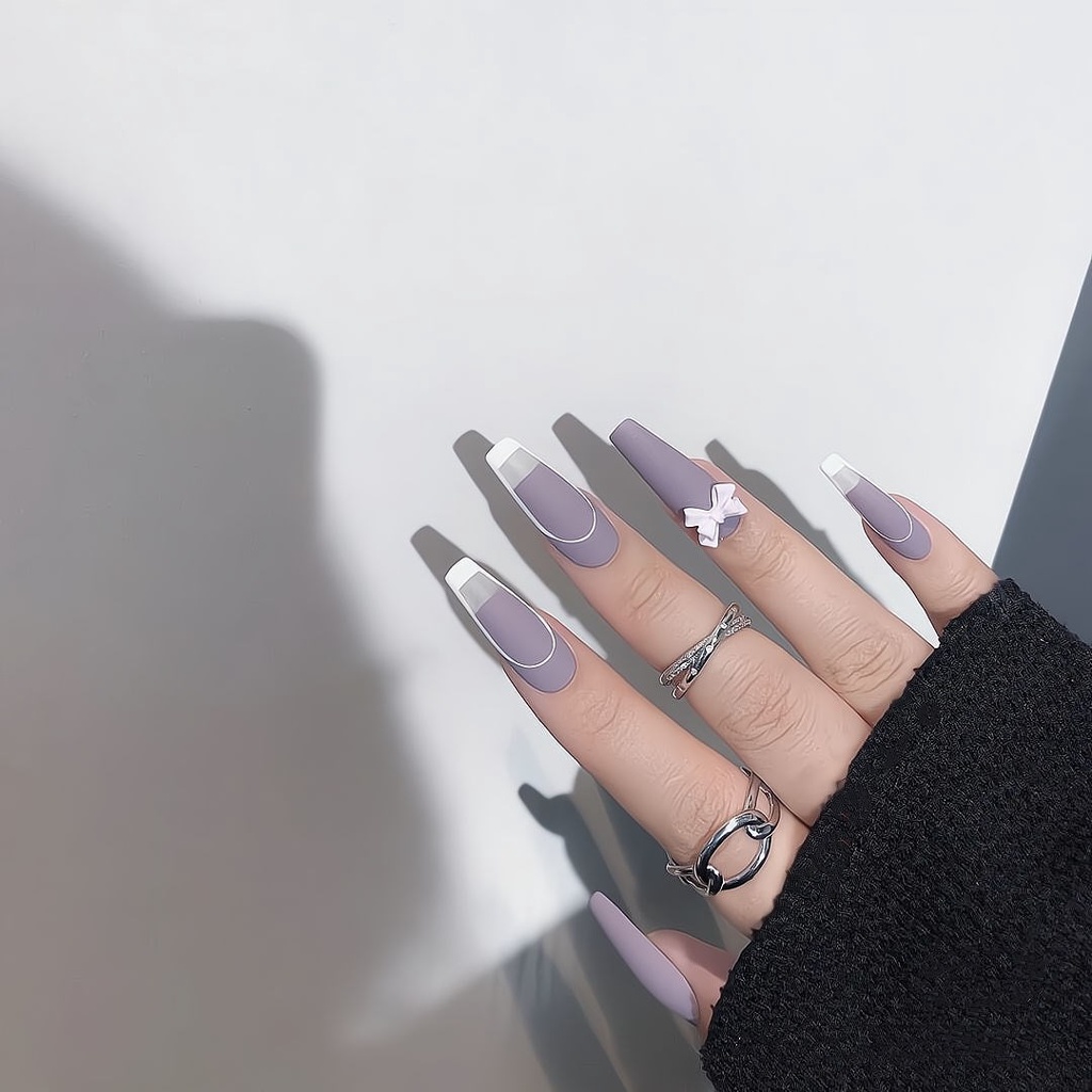 YADORNOS Set 24 Móng Tay Giả Dáng Dài Màu Tím Phong Cách Pháp