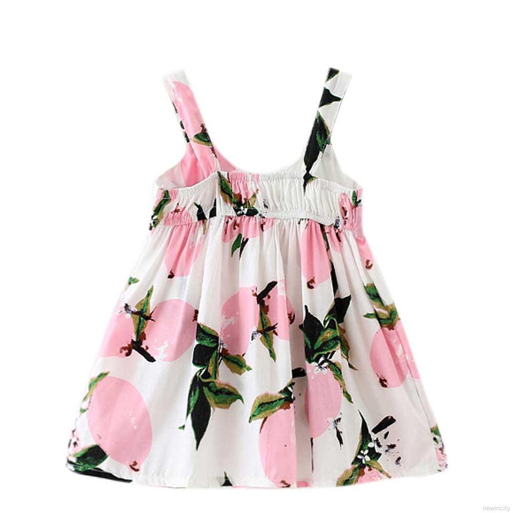 Đầm xòe in trái cây đính nơ đáng yêu cho bé gái