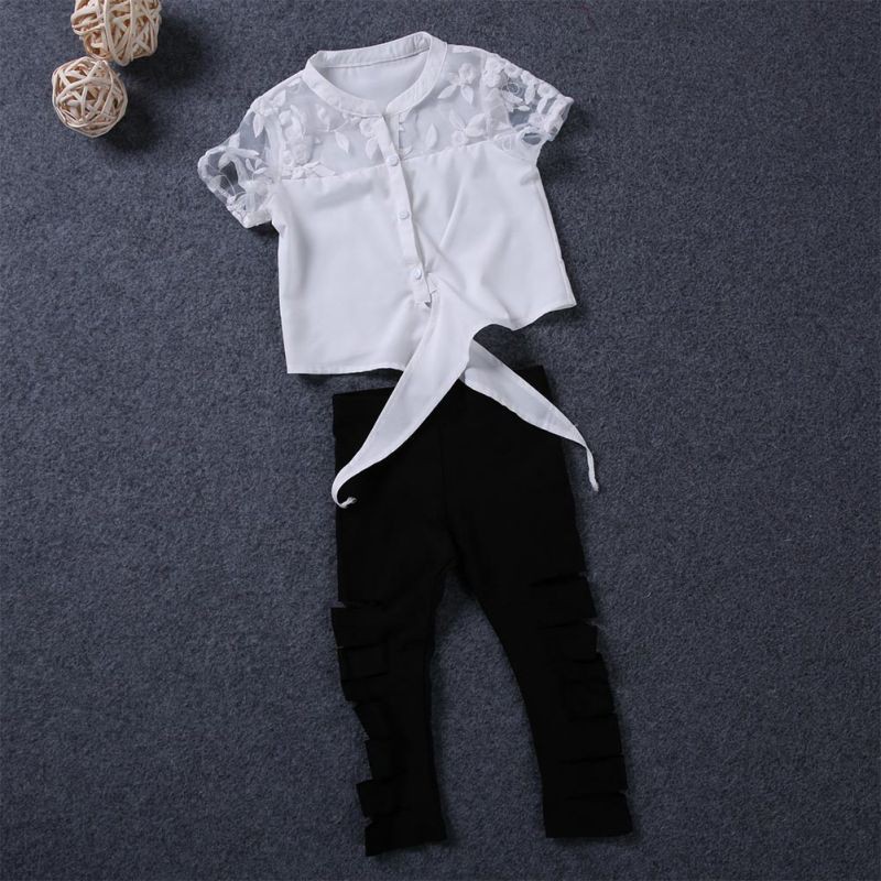 Set áo cotton phối lưới hoa+quần legging rách cho bé